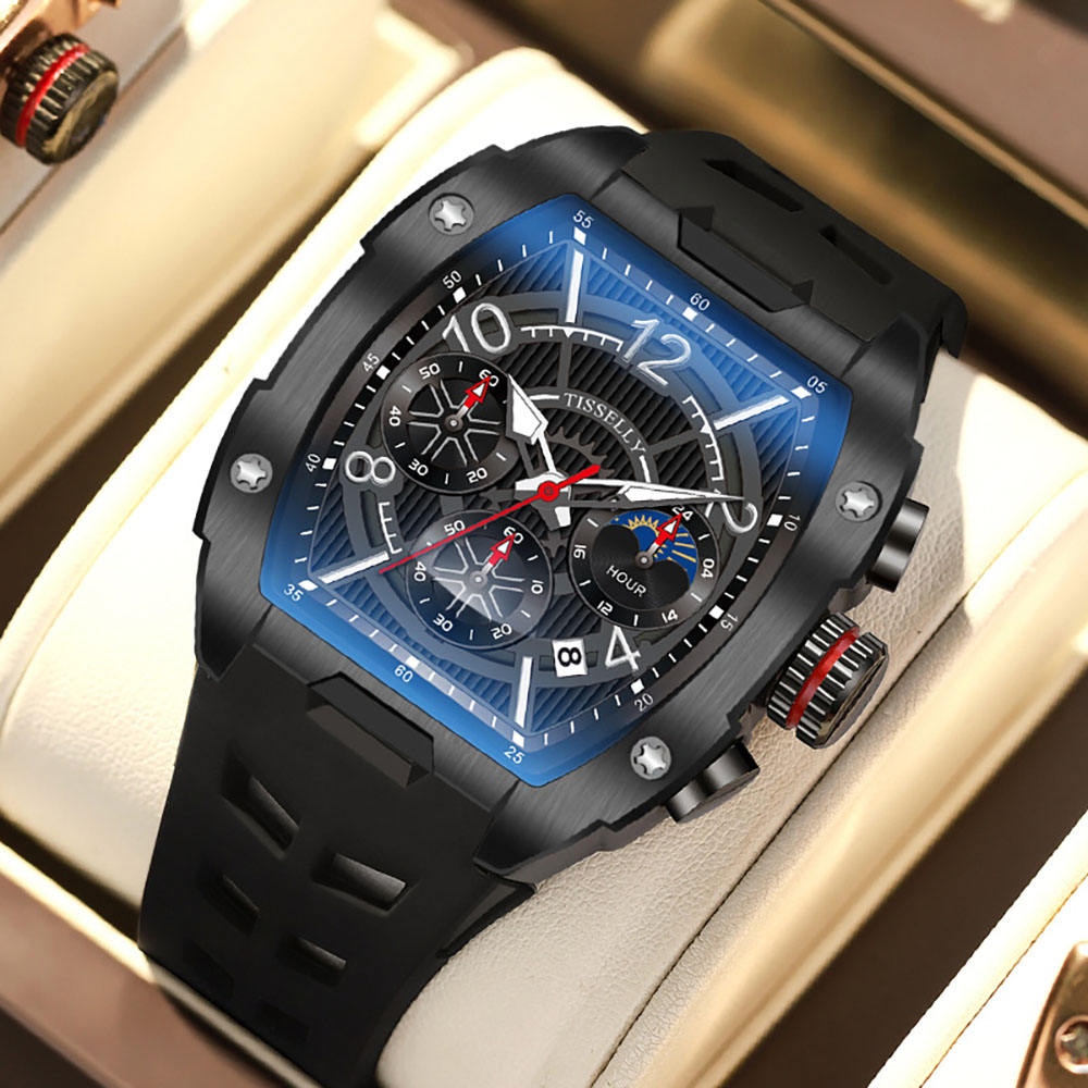Men’s motorsport-inspired luxury chronograph watch with black case, blue accents, and rubber strap