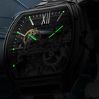 Luxury tonneau skeleton watch with green luminous hands, racing-inspired design, visible gears