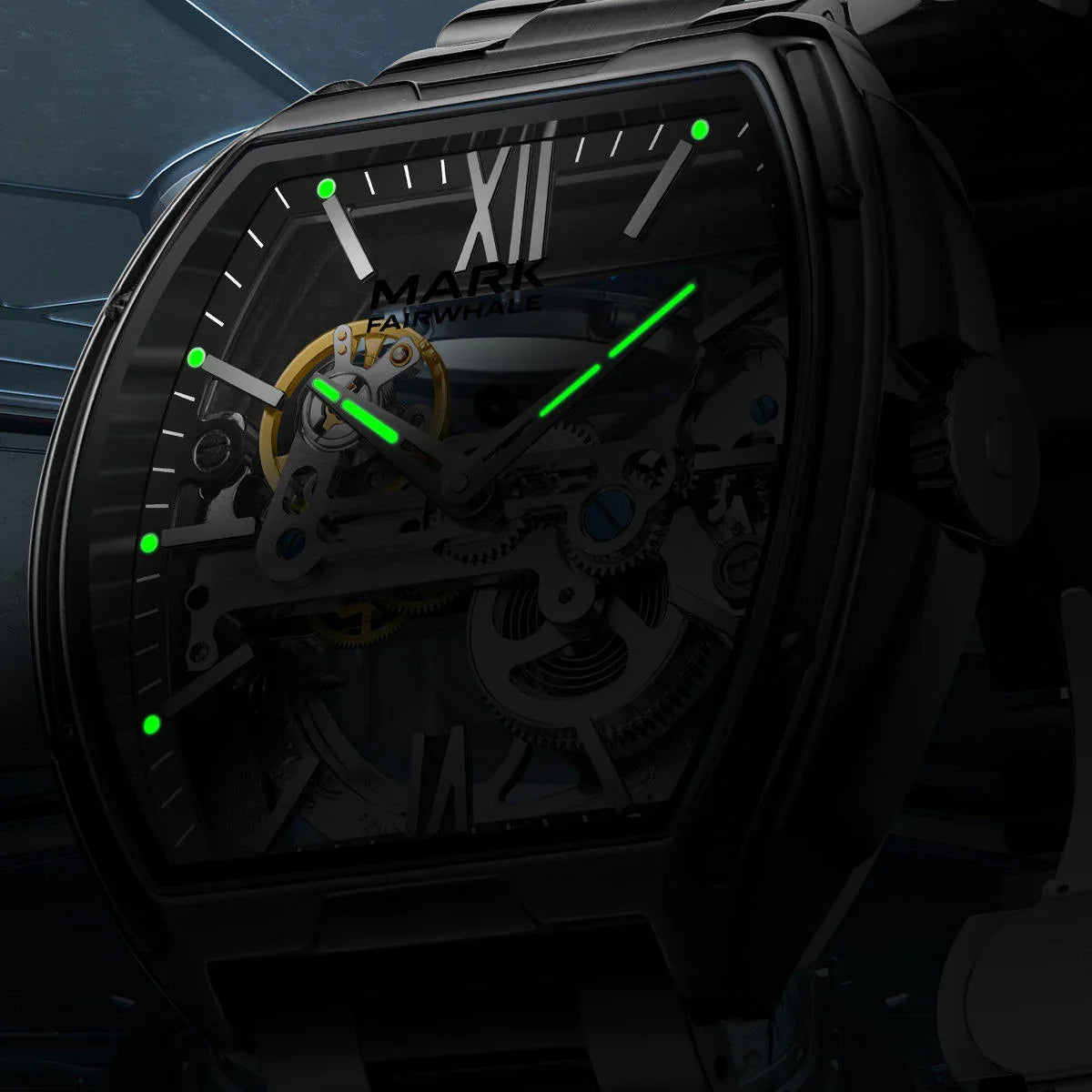 Luxury tonneau skeleton watch with green luminous hands, racing-inspired design, visible gears