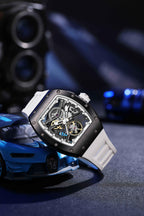 Skeleton dial luxury sport watch with white strap, racing-inspired, automatic movement