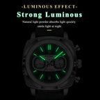 Luminous chronograph watch with glowing green markers, inspired by motorsport design for bold nighttime visibility.
