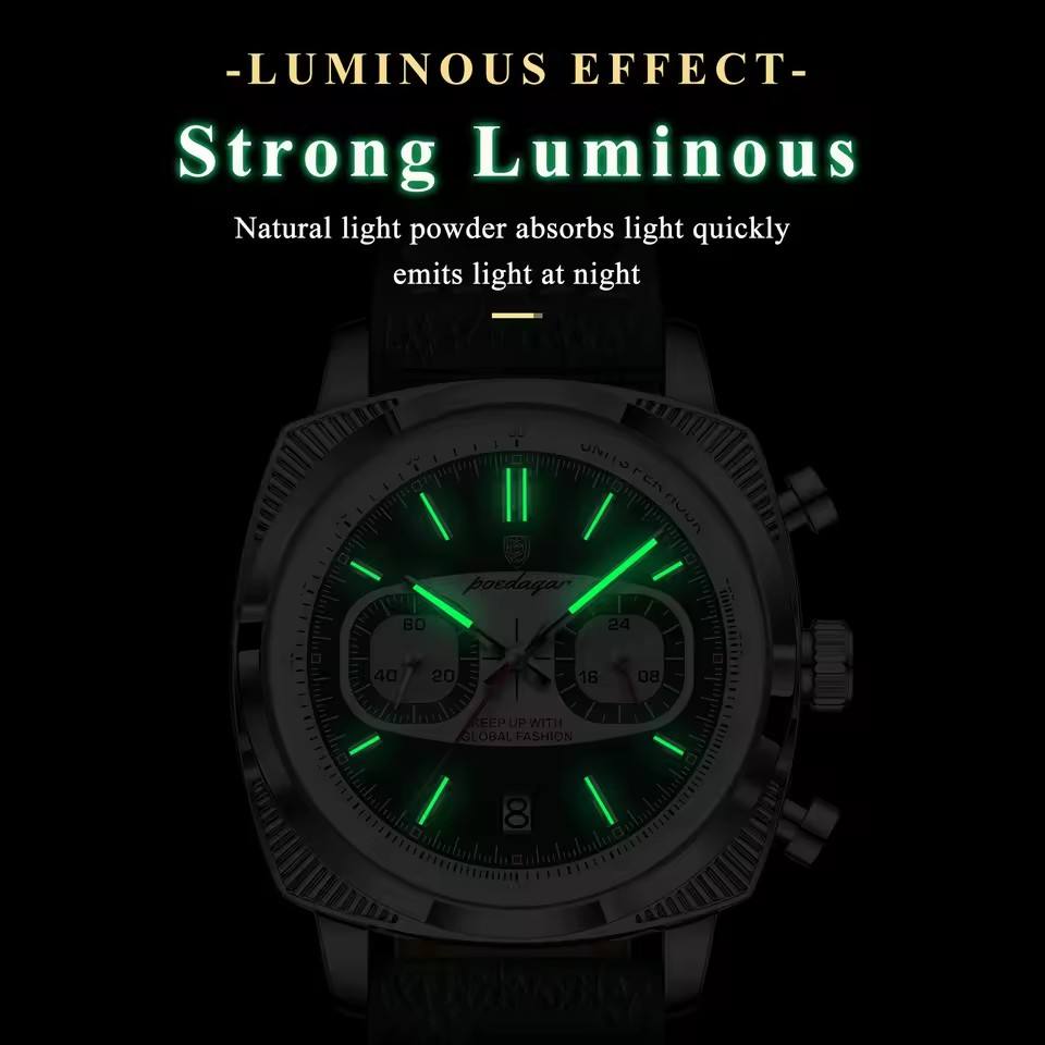 Luminous chronograph watch with glowing green markers, inspired by motorsport design for bold nighttime visibility.