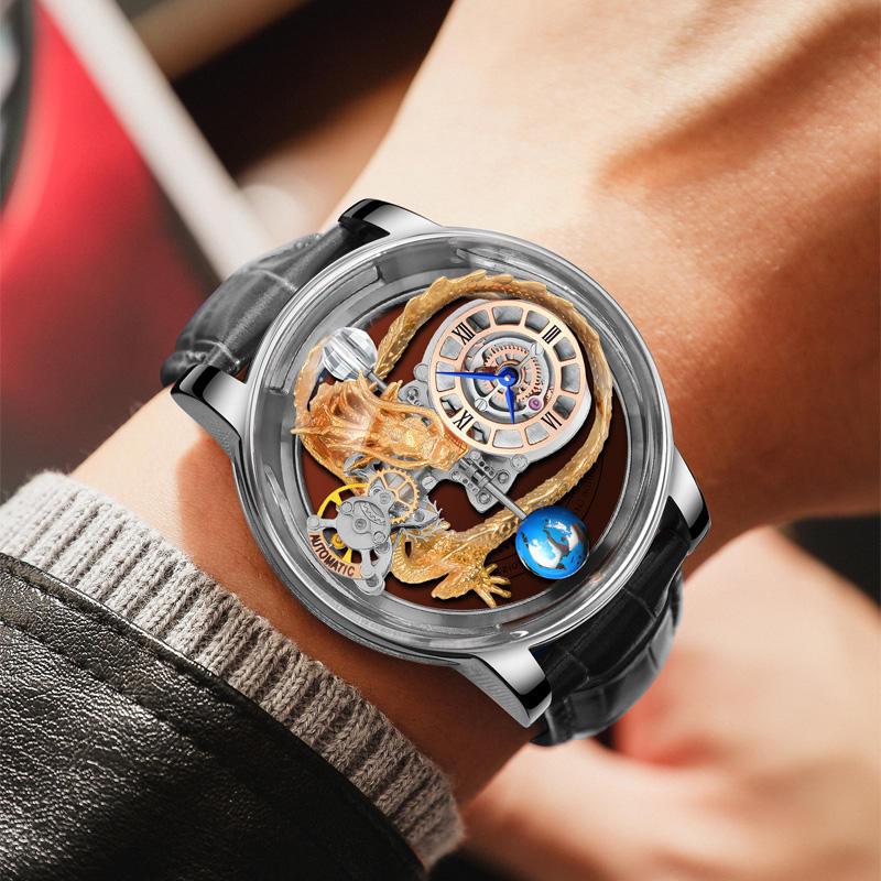 Luxury skeleton watch with gold dragon motif, exposed gears, and black leather strap on wrist