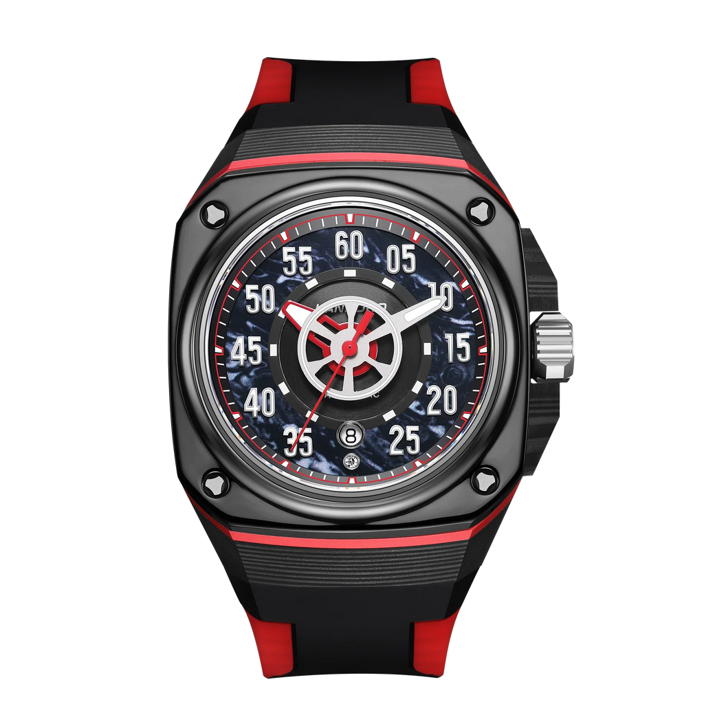 Motorsport-inspired sport-luxury watch with carbon fiber case, bold dial, and red-black strap