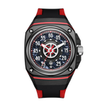 Motorsport-inspired sport-luxury watch with carbon fiber case, bold dial, and red-black strap