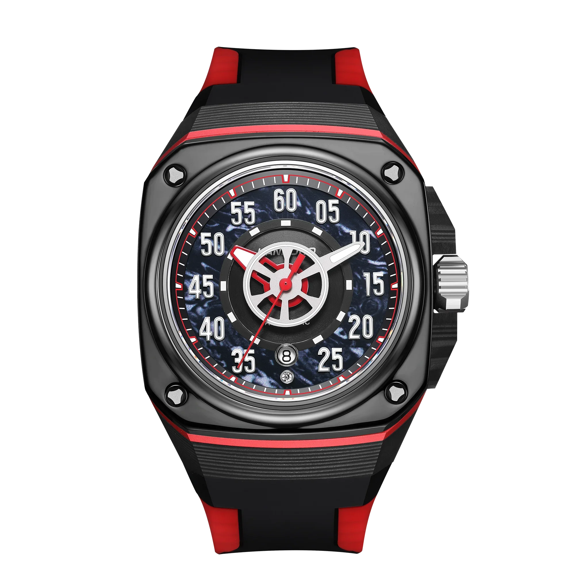 Motorsport-inspired sport-luxury watch with carbon fiber case, bold dial, and red-black strap
