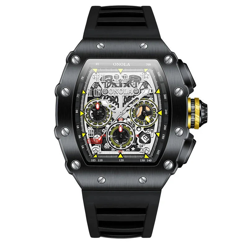 Motorsport-inspired skeleton dial chronograph watch with black case and rubber strap