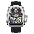 Luxury tonneau-shaped mechanical watch with skeleton dial, black strap, motorsport-inspired design