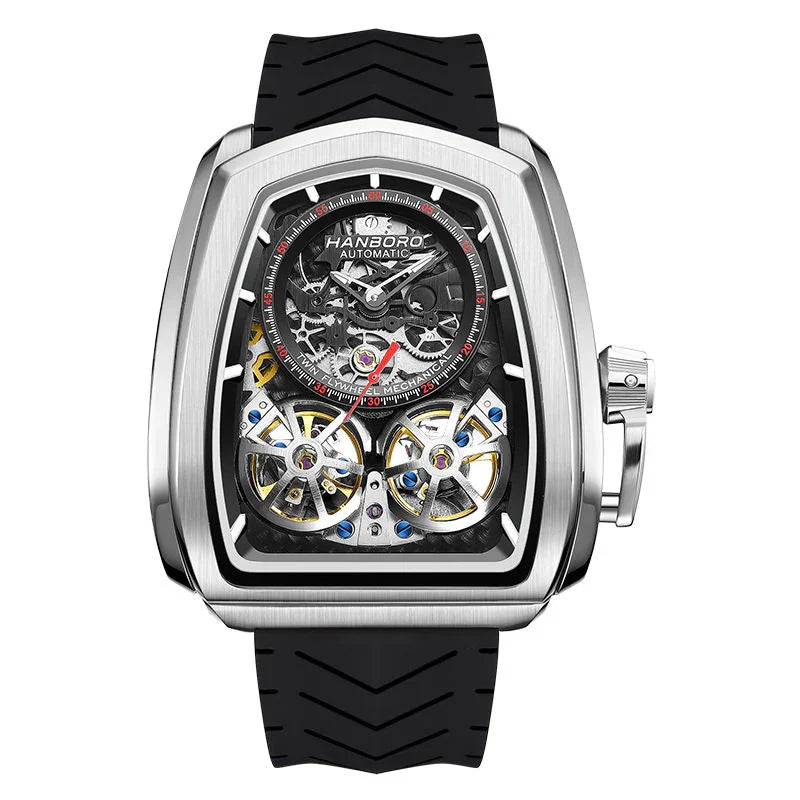 Luxury tonneau-shaped mechanical watch with skeleton dial, black strap, motorsport-inspired design