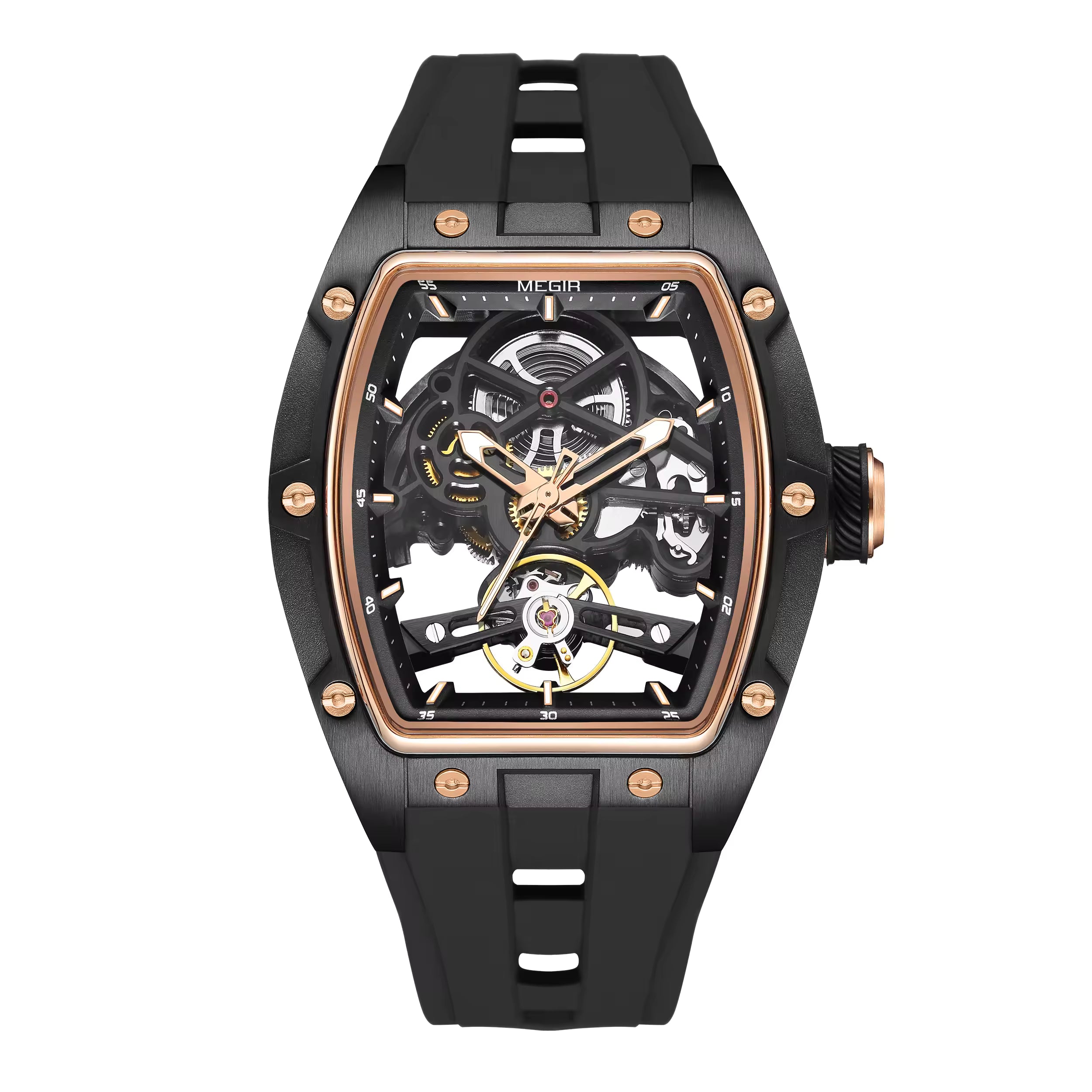 Skeleton sport-luxury watch with black rubber strap, gold-tone details, and exposed gears