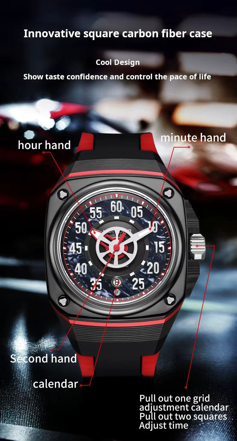 Luxury motorsport-inspired square carbon fiber watch with black and red details, labeled dial features