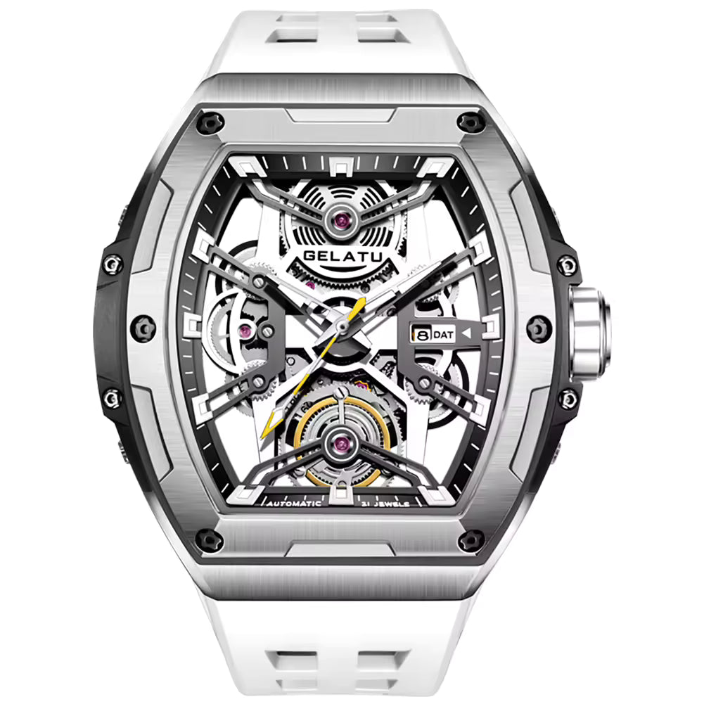 Luxury motorsport-inspired skeleton watch with tonneau case, exposed gears, and white strap
