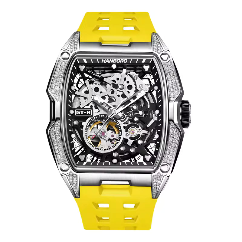 Luxury motorsport-inspired skeleton watch with yellow strap, tonneau case, diamond accents