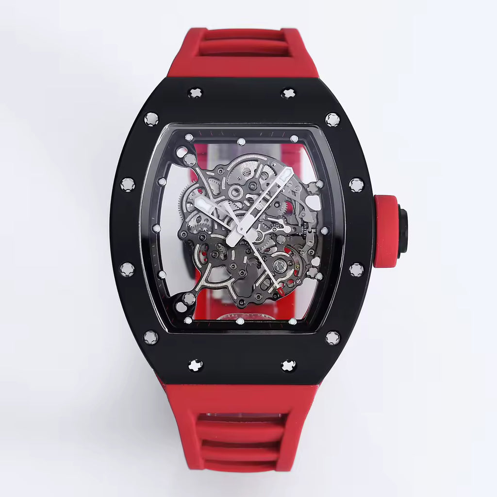 Luxury skeleton watch with black case, red strap, inspired by motorsport and European design