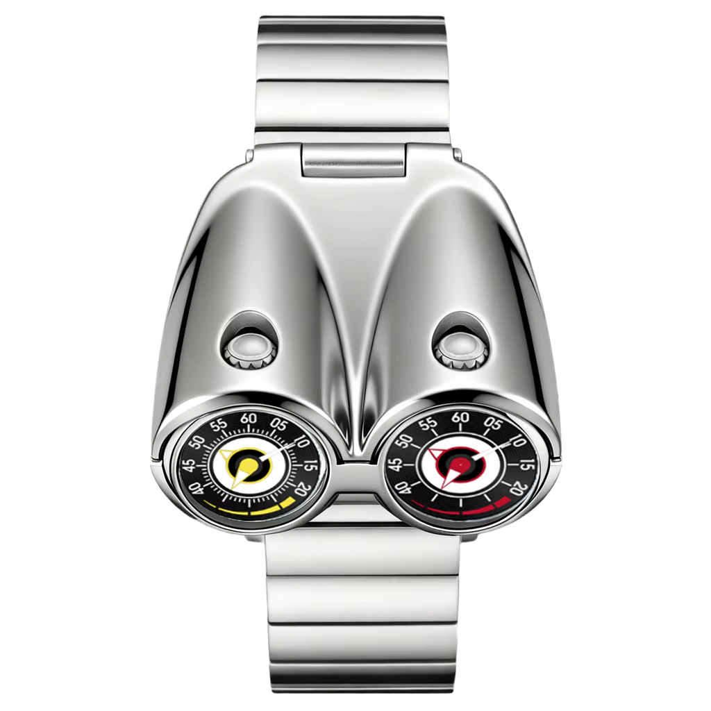 Dual-dial racing-inspired luxury watch with polished metal case and sporty chronograph design