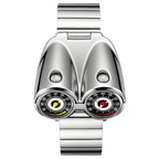 Dual-dial racing-inspired luxury watch with polished metal case and sporty chronograph design