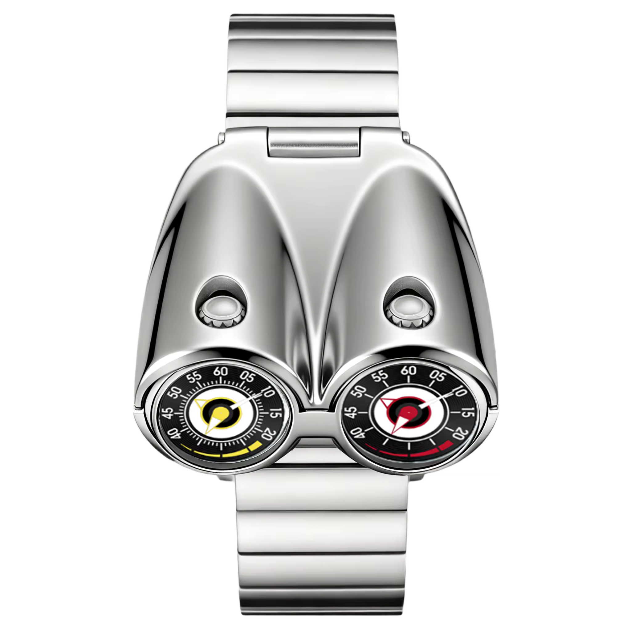 Dual-dial racing-inspired luxury watch with polished metal case and sporty chronograph design