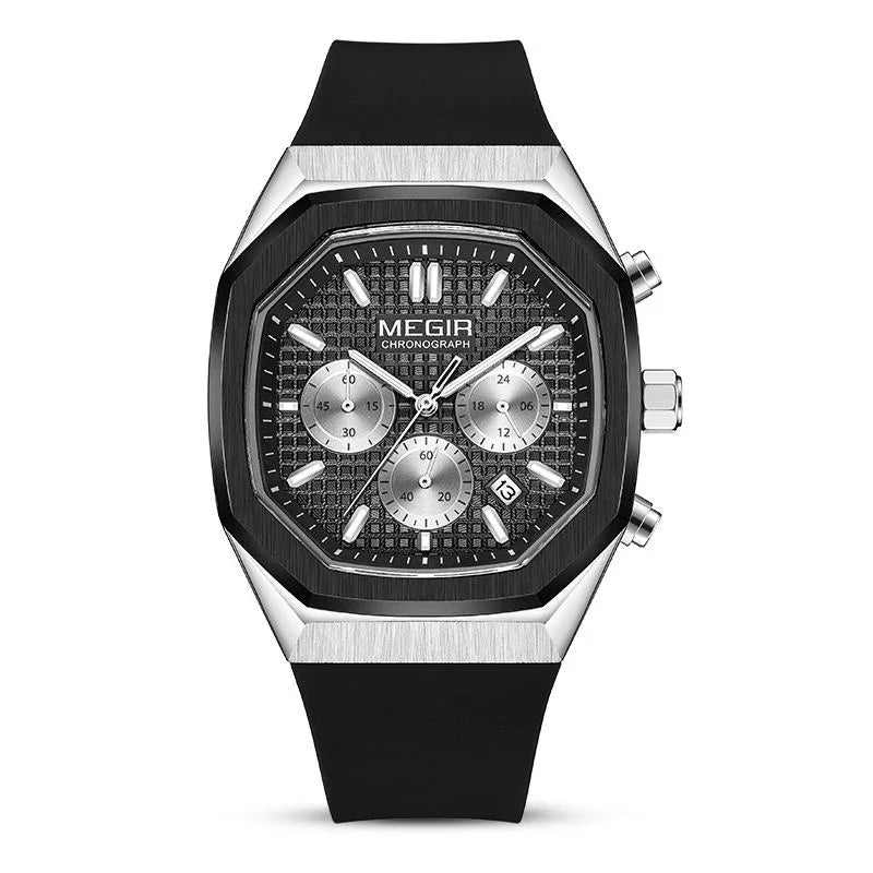Motorsport-inspired luxury chronograph watch with black octagonal case and rubber strap