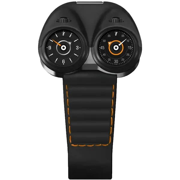 Dual-dial luxury sport watch with black case, orange accents, and racing-inspired design