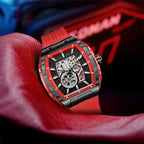 Red motorsport-inspired sport-luxury watch with skeleton dial and bold design on a leather surface