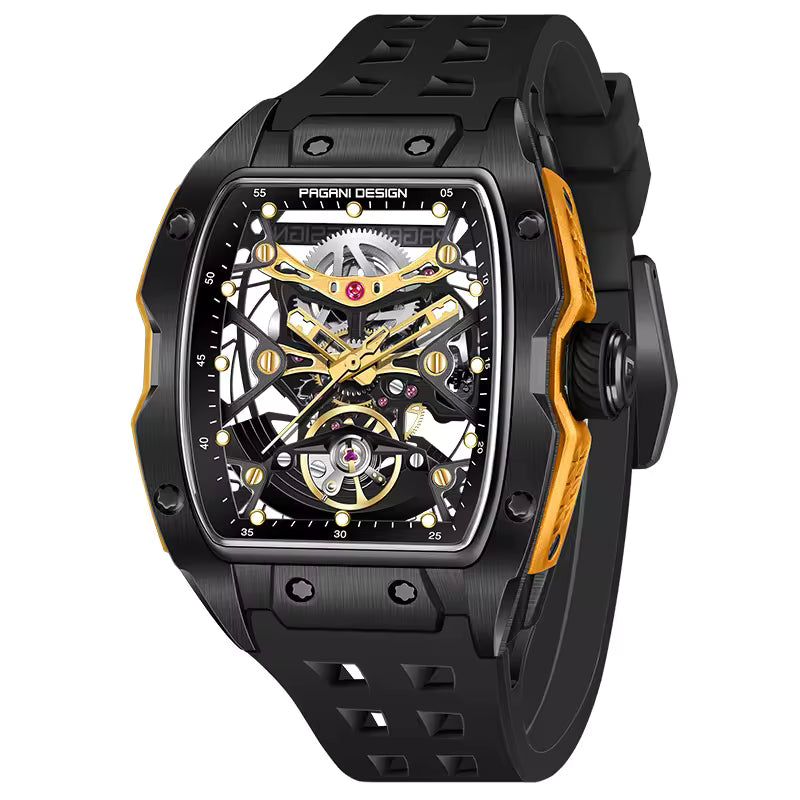 Motorsport-inspired skeleton dial watch with black case, gold accents, and rubber strap