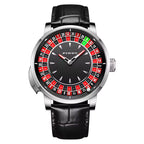 Luxury sport-inspired watch with roulette-style black dial, red and green accents, leather strap