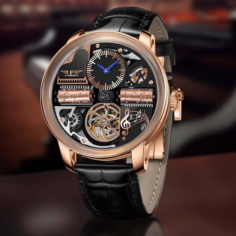 Luxury skeleton watch with rose gold case, exposed mechanical movement, and music-themed dial