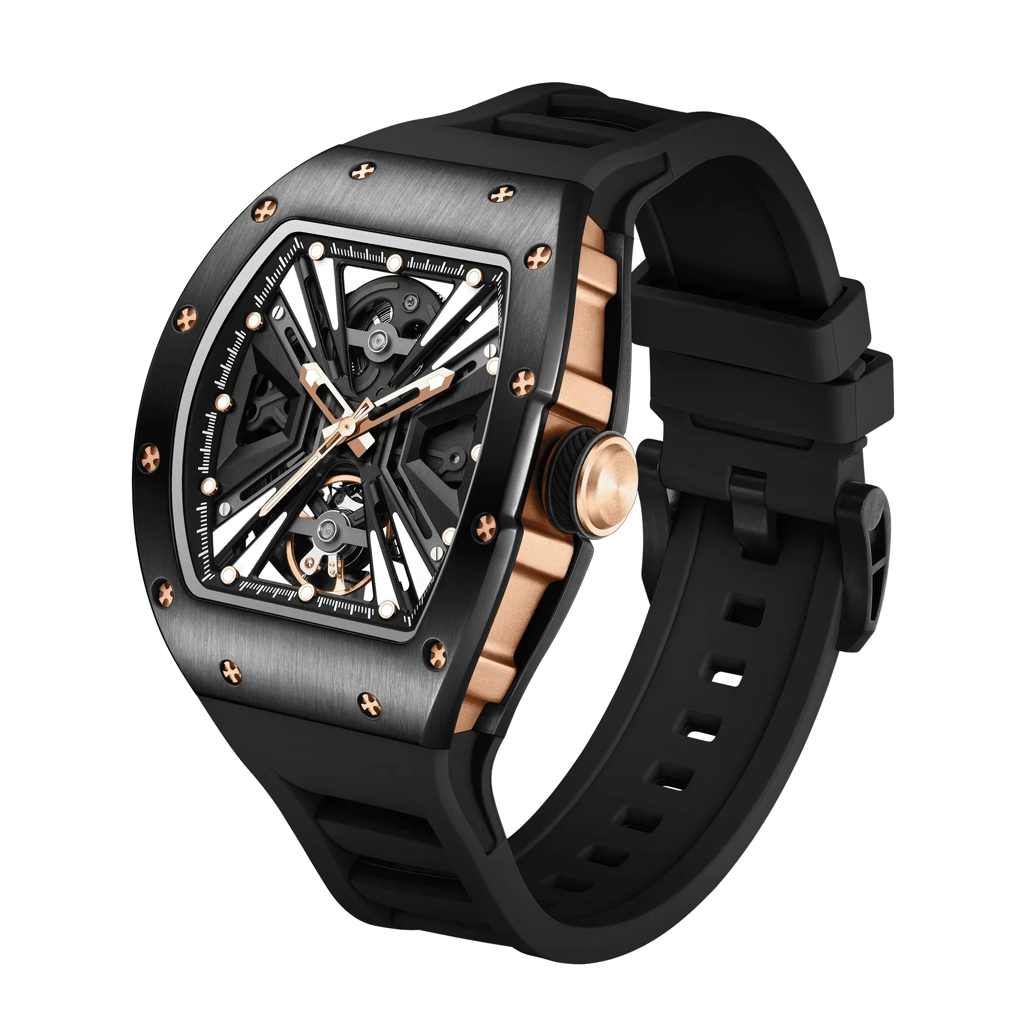 Luxury motorsport-inspired skeleton watch with black and rose gold case, rubber strap, and bold dial