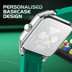 Motorsport-inspired watch with custom engraved stainless steel case back and green strap