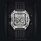 Square skeleton luxury watch with mechanical movement, open-work dial, black perforated strap, motorsport-inspired design
