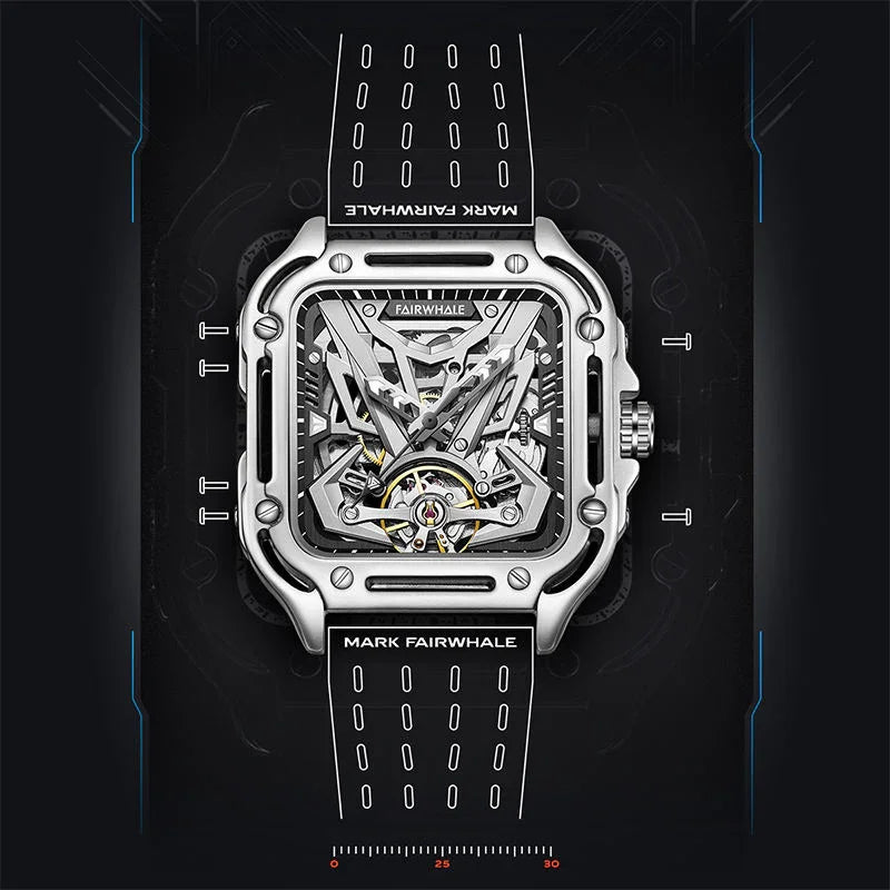 Square skeleton luxury watch with mechanical movement, open-work dial, black perforated strap, motorsport-inspired design