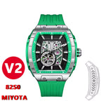 Green tonneau-shaped racing-inspired automatic watch with skeleton dial, sporty rubber strap.