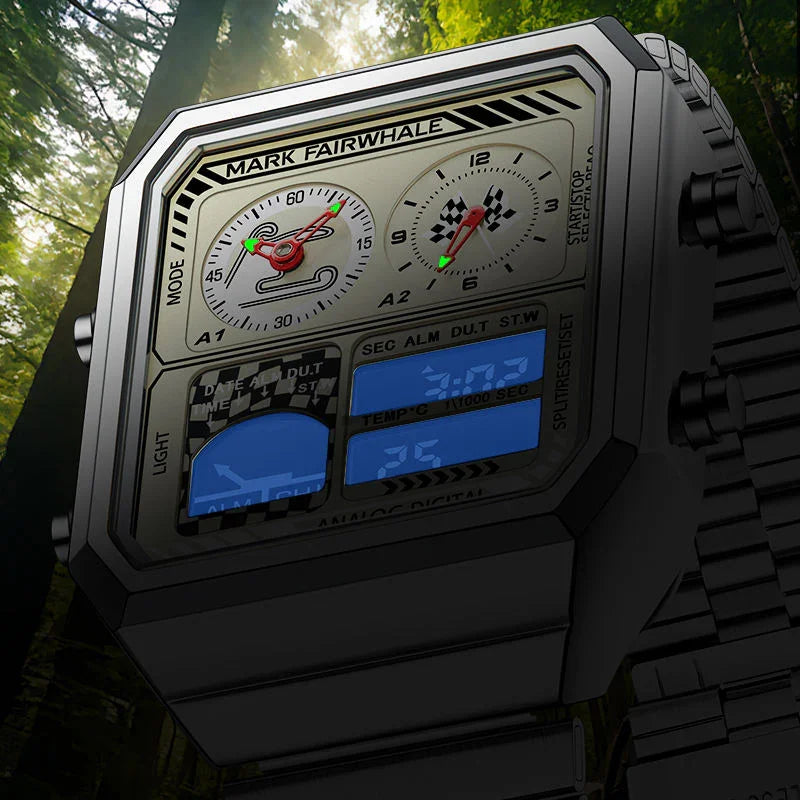 Motorsport-inspired square analog-digital watch with racing dials, robust metal bracelet