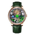 Luxury sport-inspired wristwatch with green leather strap, panda figures, and exposed movement