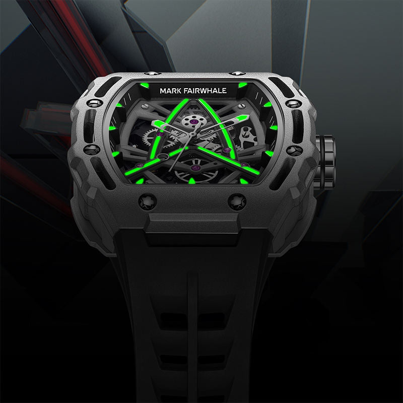Luxury motorsport-inspired skeleton watch with rugged case and neon green accents on a black strap