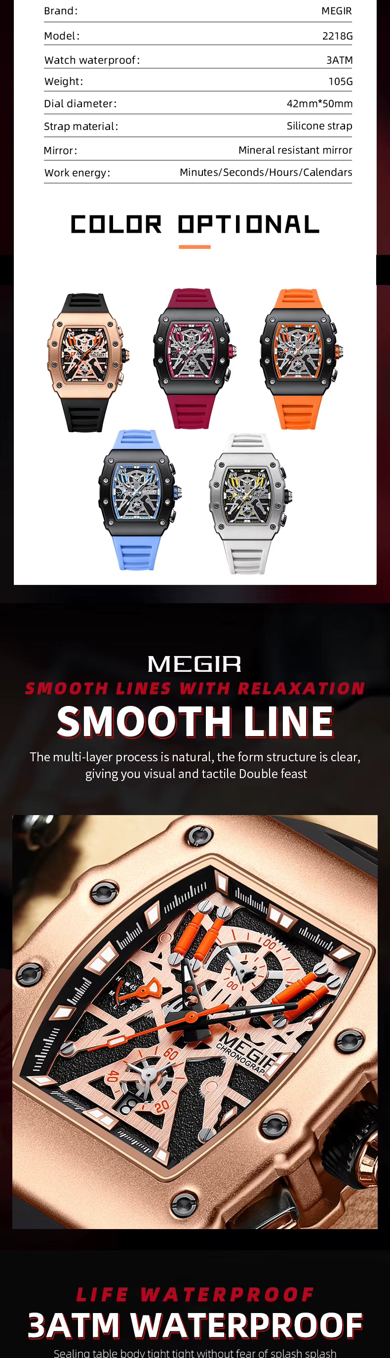 Motorsport-inspired sport-luxury skeleton watches in various colors with silicone straps, bold case design, and chronograph features.