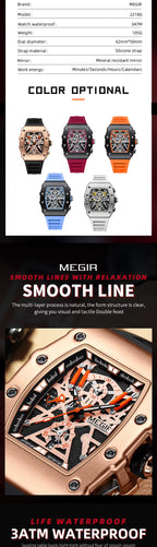 Motorsport-inspired sport-luxury skeleton watches in various colors with silicone straps, bold case design, and chronograph features.