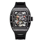 Skeleton dial racing-inspired sport-luxury watch with visible gears, tonneau case, and black rubber strap