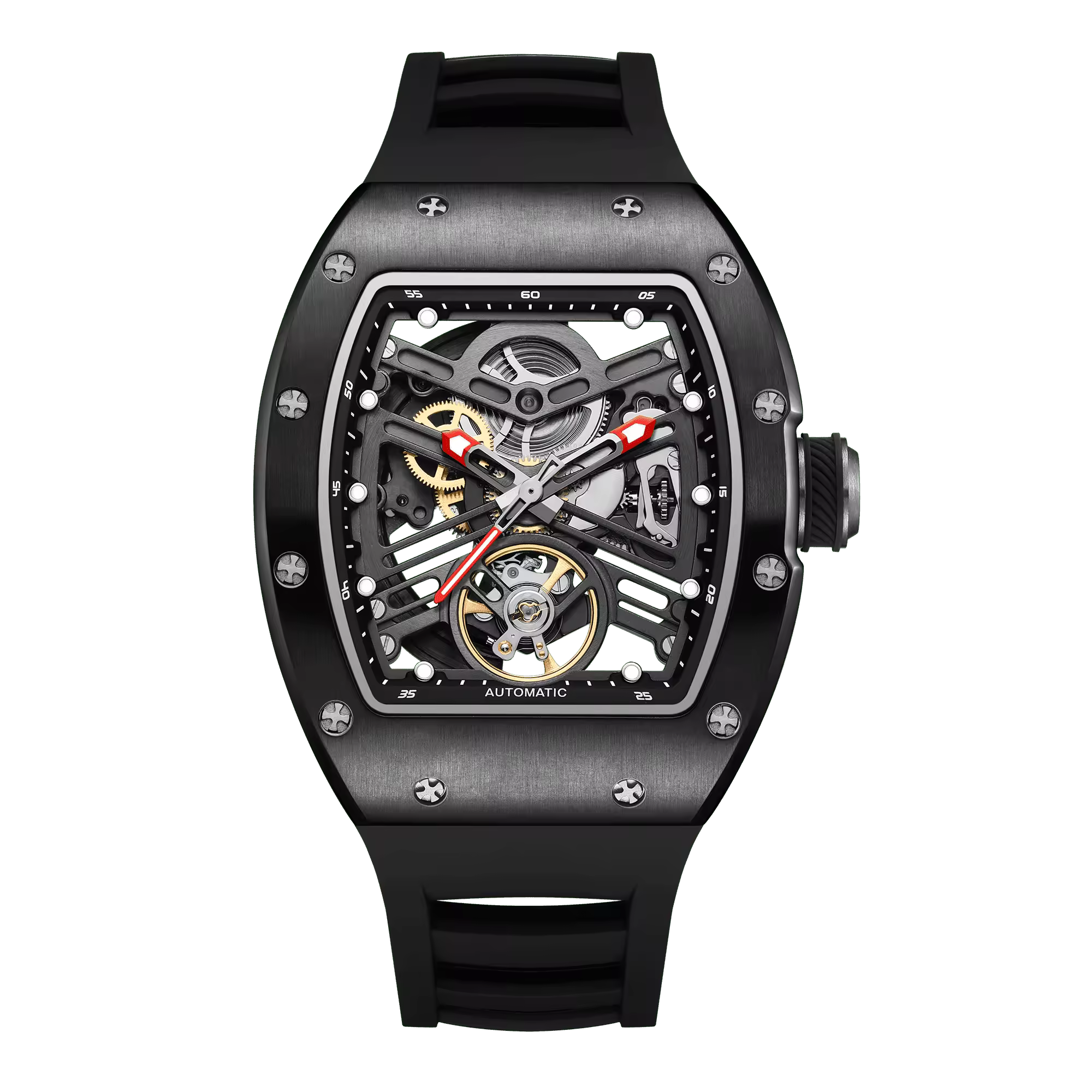 Skeleton dial racing-inspired sport-luxury watch with visible gears, tonneau case, and black rubber strap
