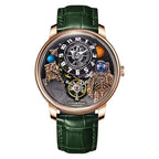 Luxury sport-inspired automatic watch with green leather strap, astronaut and planet-themed dial.