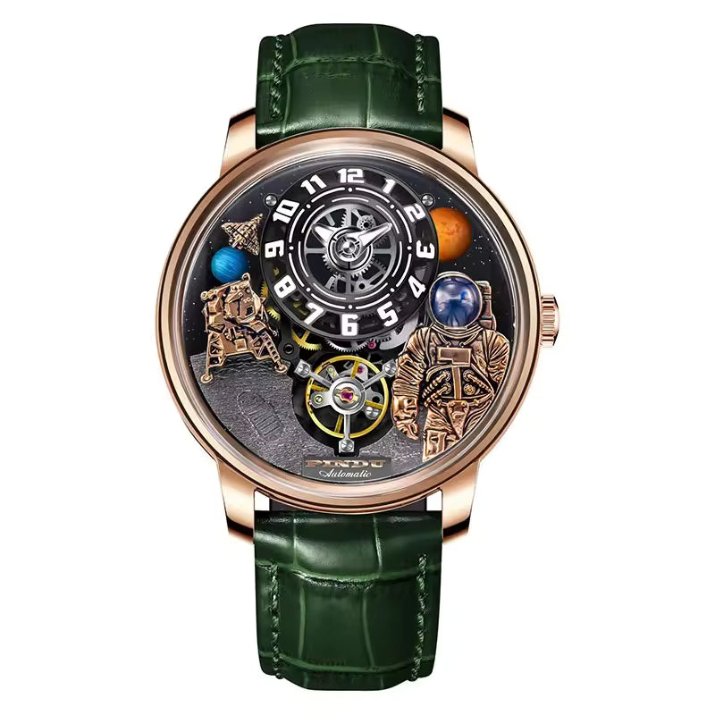Luxury sport-inspired automatic watch with green leather strap, astronaut and planet-themed dial.