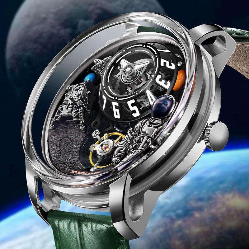 Luxury sport-inspired watch with space-themed dial, bold numerals, astronaut and moon details