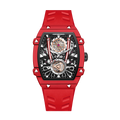 Red racing-inspired sport-luxury watch with skeleton dial, bold case, and premium chronograph design