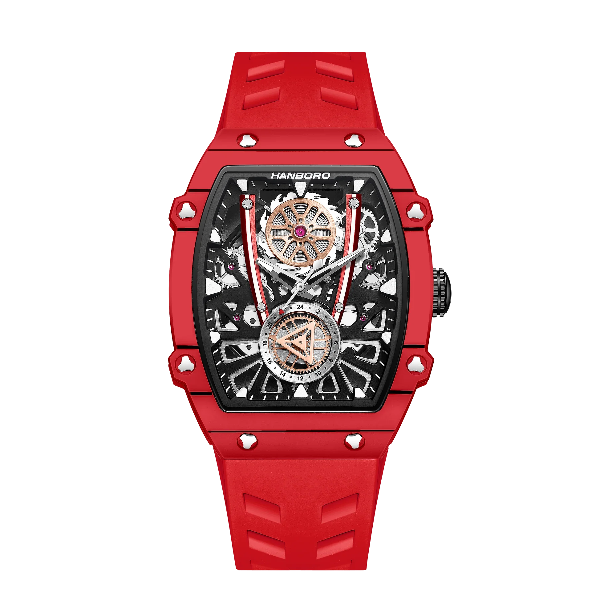 Red racing-inspired sport-luxury watch with skeleton dial, bold case, and premium chronograph design
