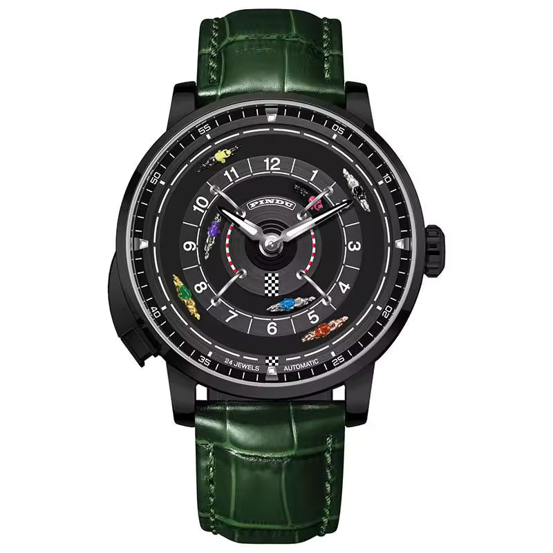 Luxury motorsport-inspired watch with black dial, colorful race car markers, and green leather strap