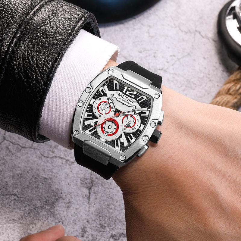 Luxury racing-inspired sport watch with bold silver case, multi-dial chronograph, black strap