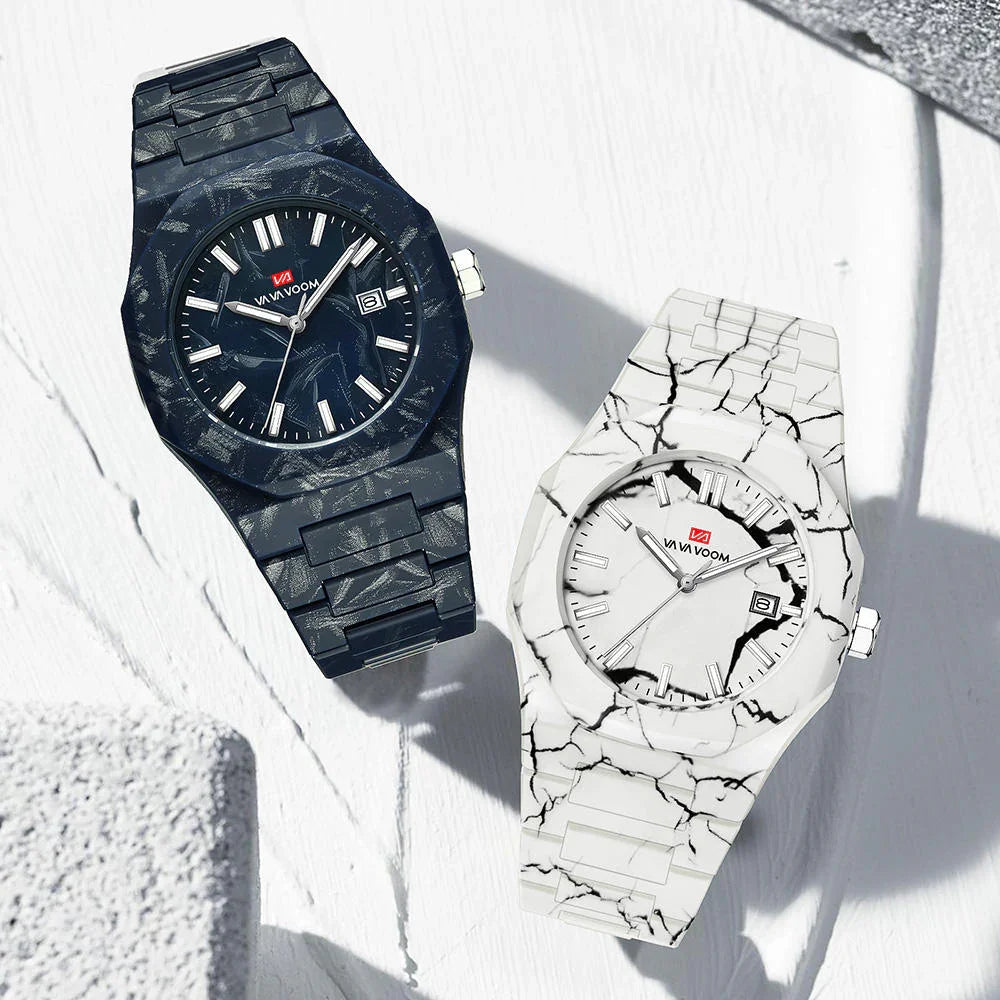 Black marble and white marble-inspired luxury sport watches with bold dials and date display