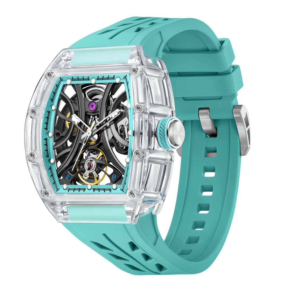 Transparent sport-luxury watch with skeleton dial, teal rubber strap, and bold racing-inspired design
