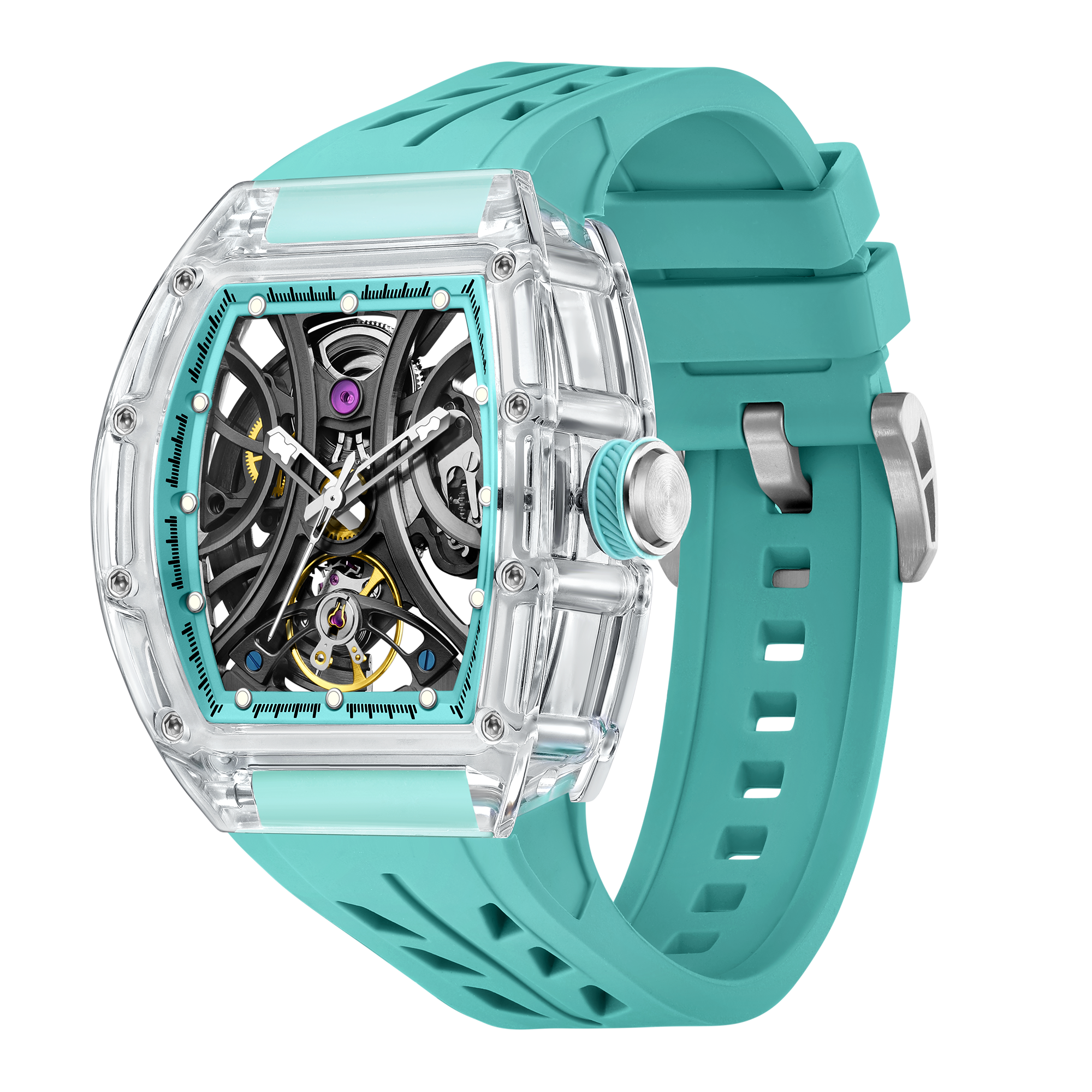 Transparent sport-luxury watch with skeleton dial, teal rubber strap, and bold racing-inspired design