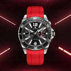 Bold racing-inspired automatic watch with red silicone strap and black chronograph dial